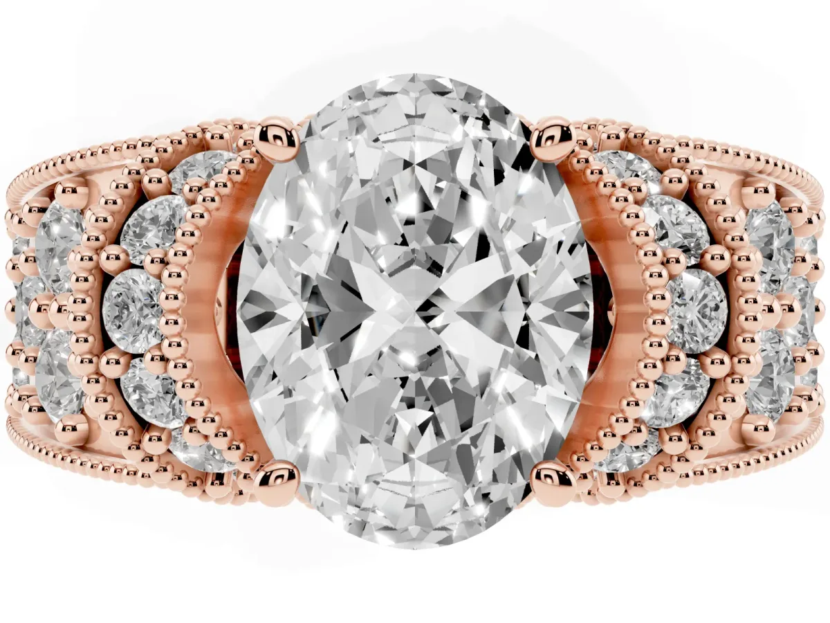 Oval Cut Halo Pave Diamond Engagement Ring with Milgrain Detailing Rose gold
