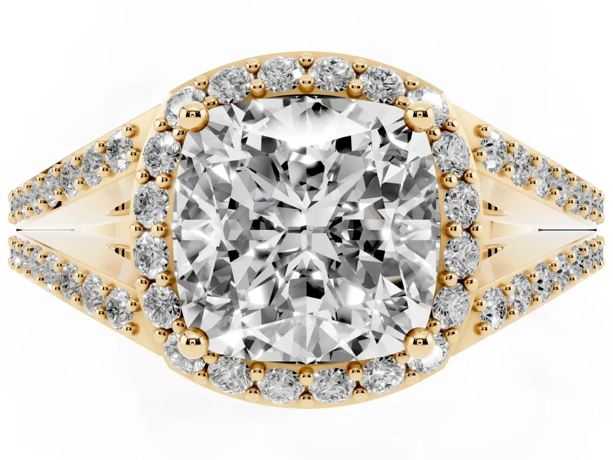 Cushion Cut Halo Split Shank Pave Diamond Ring with Four-Prong Setting Yellow gold