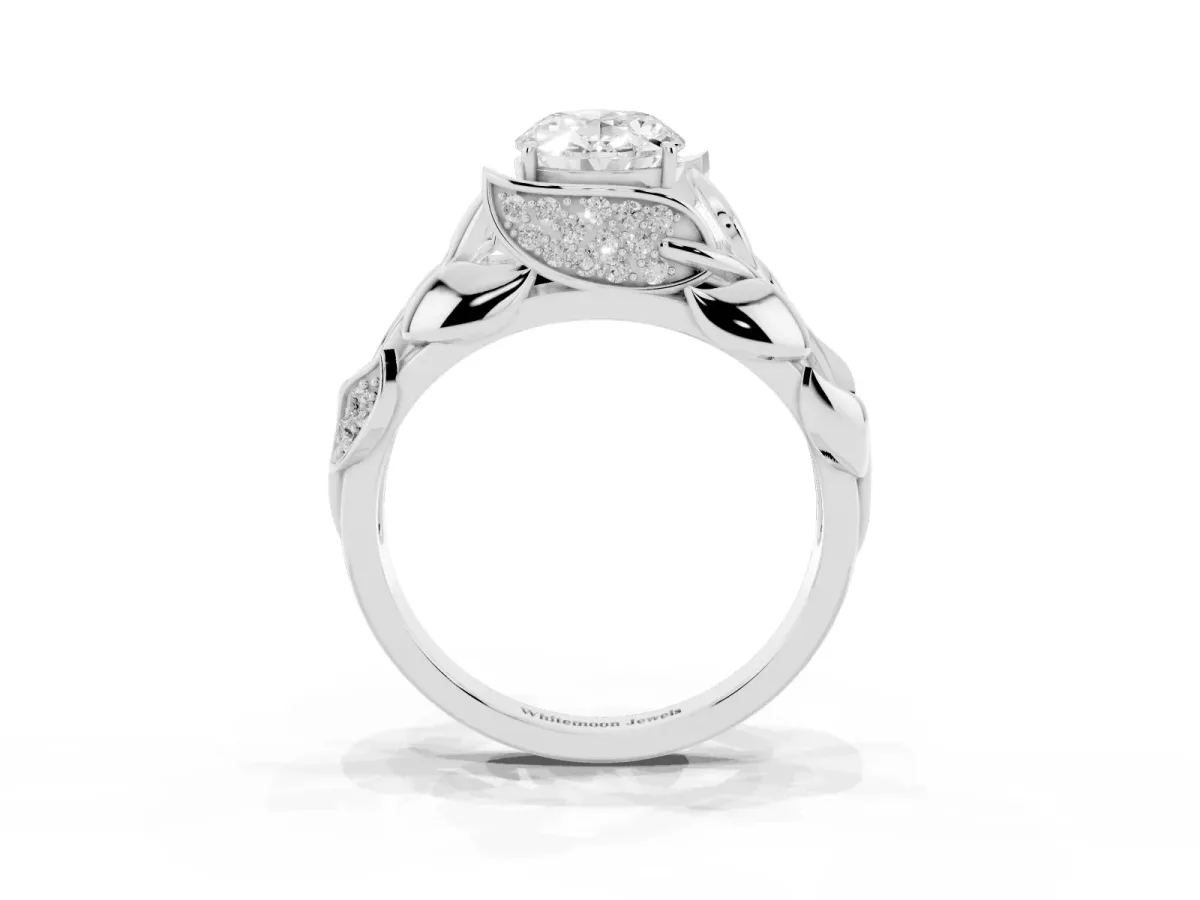 Oval Cut Diamond Leaf-Inspired Engagement Ring with Round Accents and Prong Setting Silver