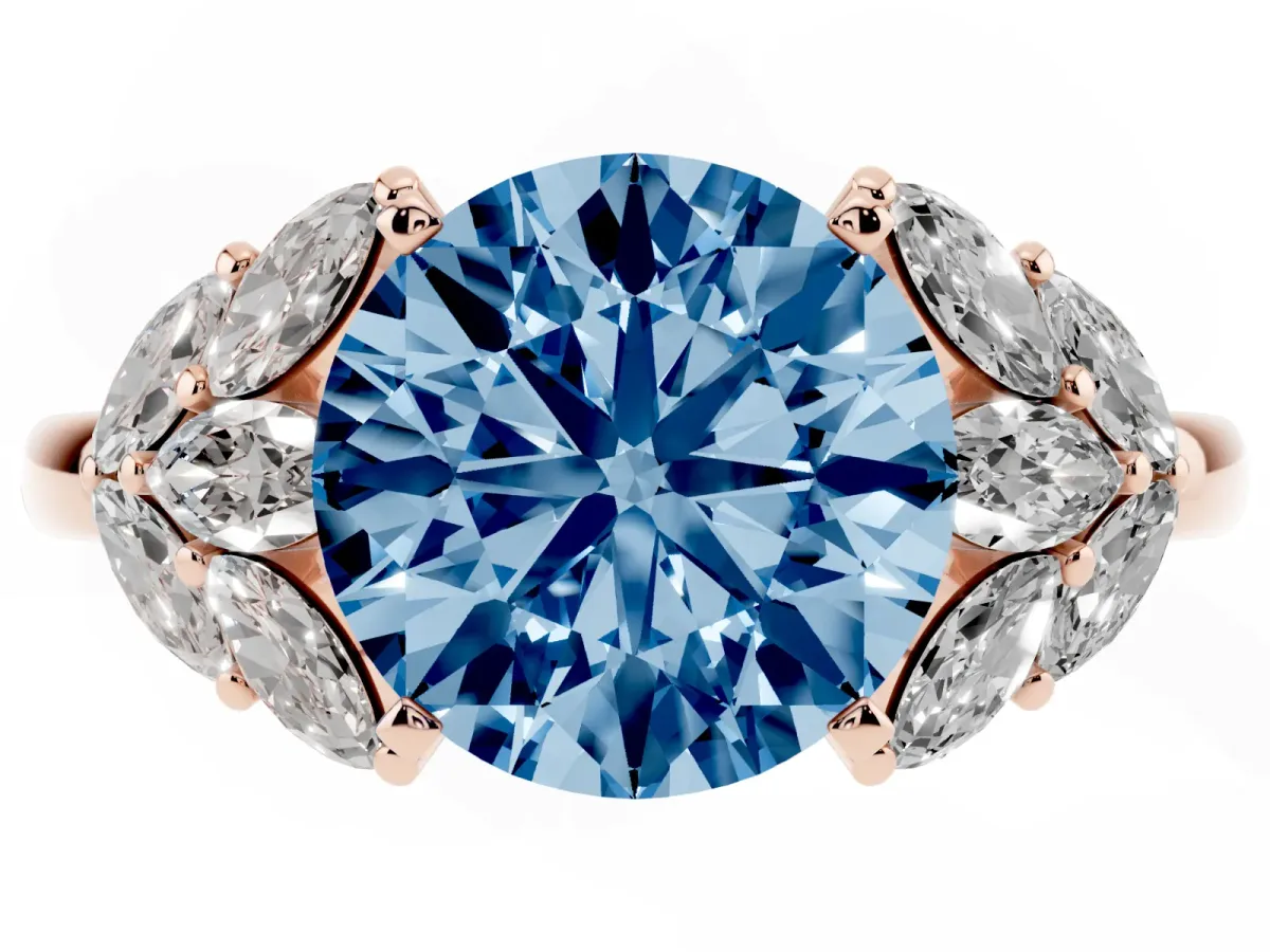 Fancy Blue Round Cut Diamond Cluster Leaf Design Ring with Prong Setting Rose gold