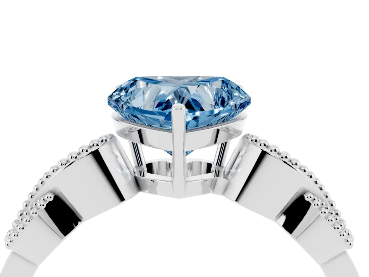 Fancy Blue Heart Cut Solitaire Milgrain Leaf Band with Prong Setting Silver