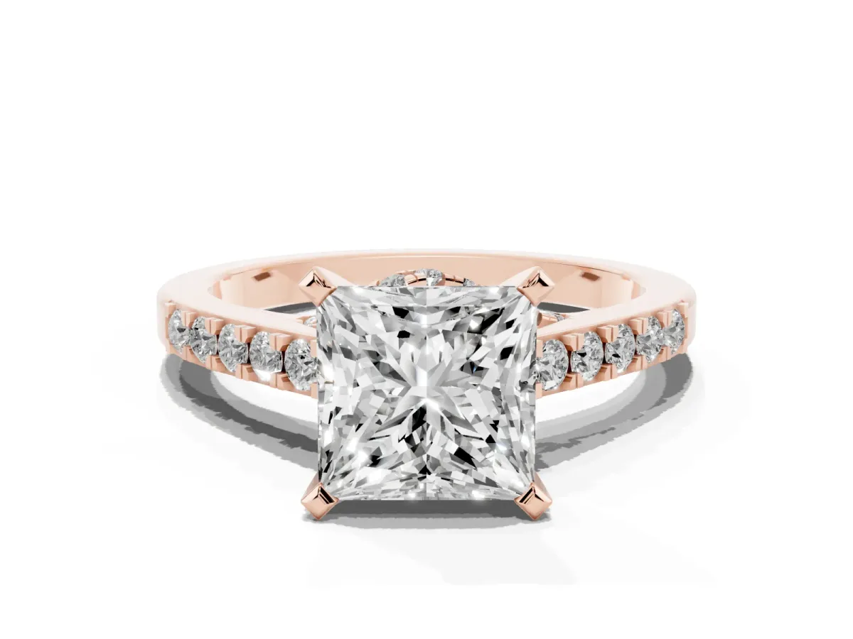 Princess Cut Diamond Solitaire Ring with Crossover Gallery and Round Pavé Band Rose gold