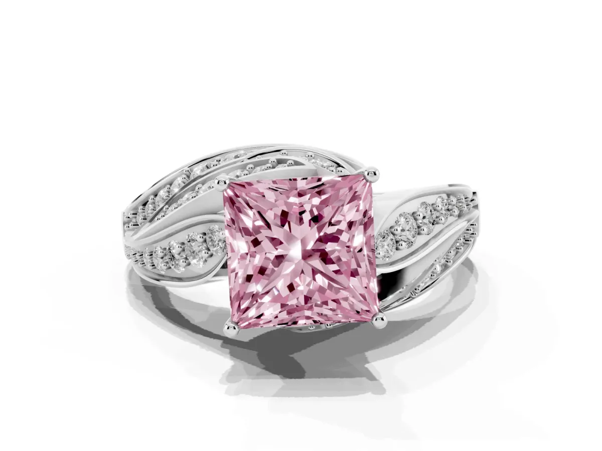 Fancy Pink Princess Cut Diamond Solitaire Ring with Prong Setting and Twisted Pavé Band Silver