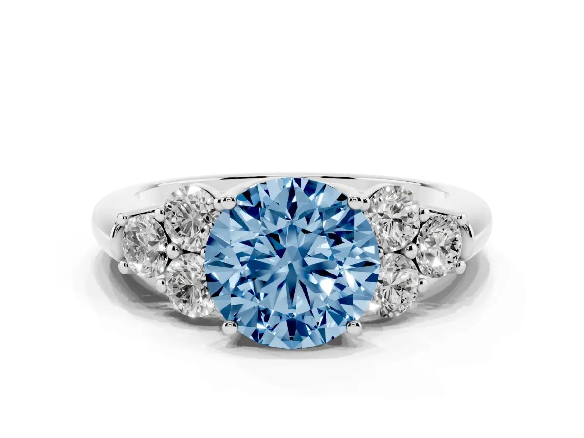 Fancy Blue Round Cut Cut Diamond Cluster Ring with Round Accent Stones and Prong Setting on a Classic Band Silver