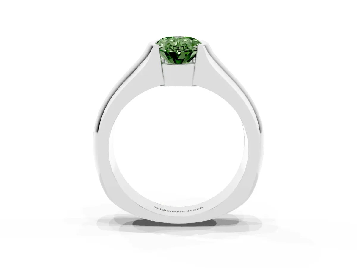 Fancy Green Oval Cut Solitaire Bezel Set Diamond Ring with Wide Band Platinum