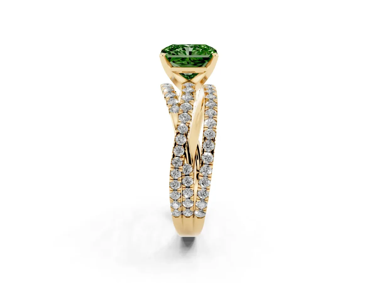 Fancy Green Radiant Cut Solitaire Twist Band with Pavé Setting and Four-Prong Setting Yellow gold