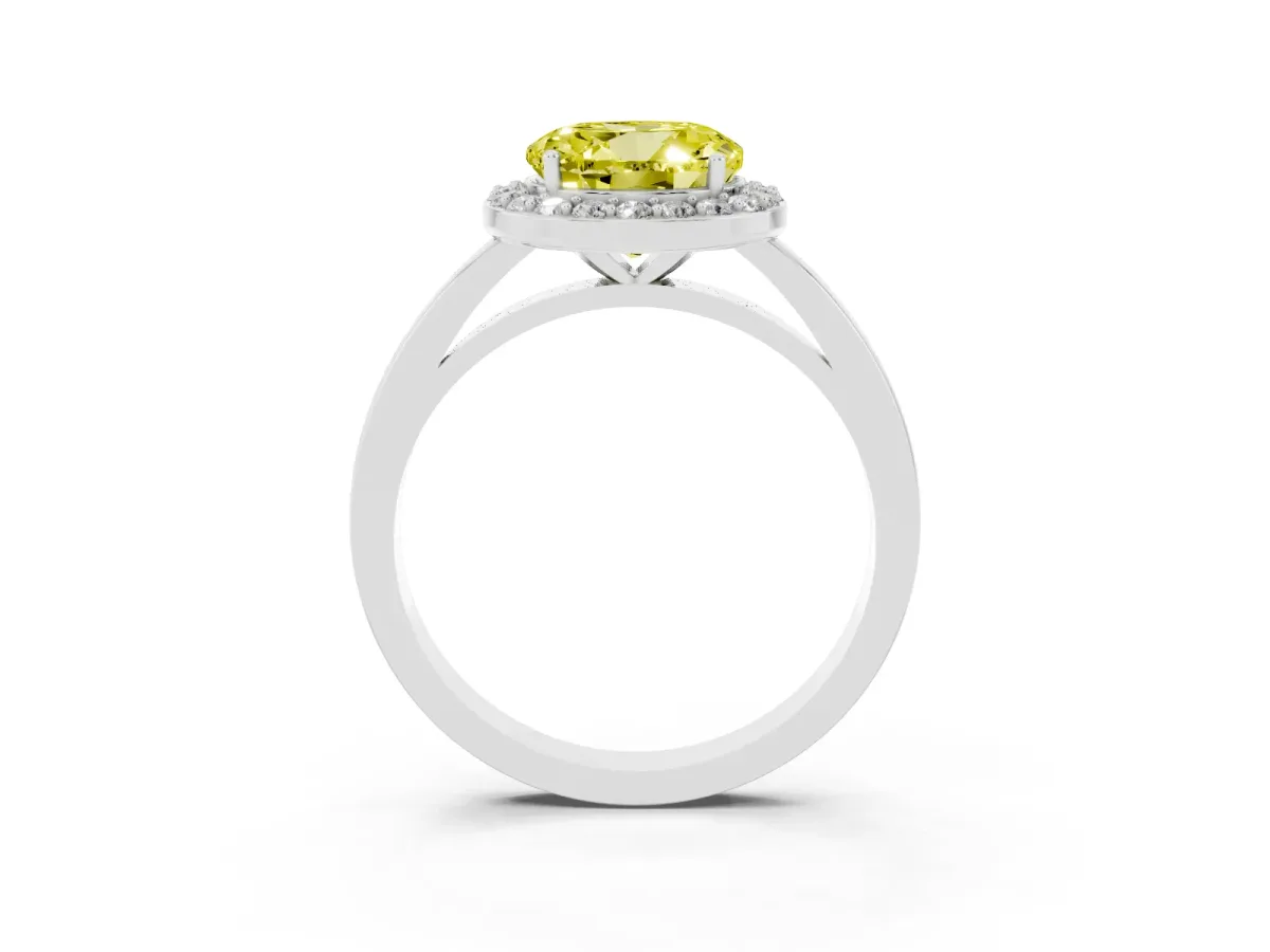 Fancy Yellow Round Cut Halo Diamond Ring with Solitaire Band and Prong Setting Silver