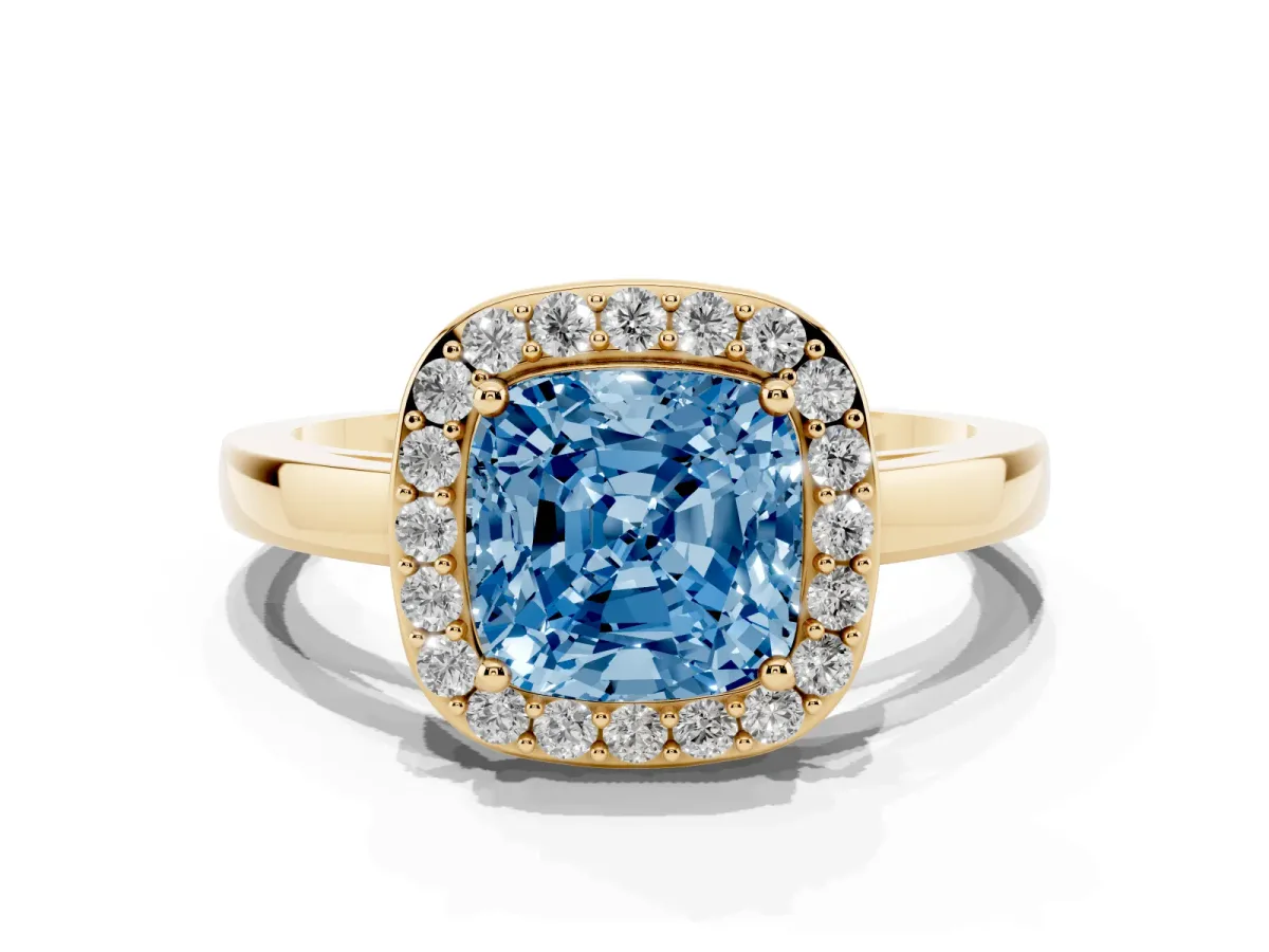 Fancy Blue Cushion Cut Halo Diamond Ring with Solitaire Band and Prong Setting Yellow gold