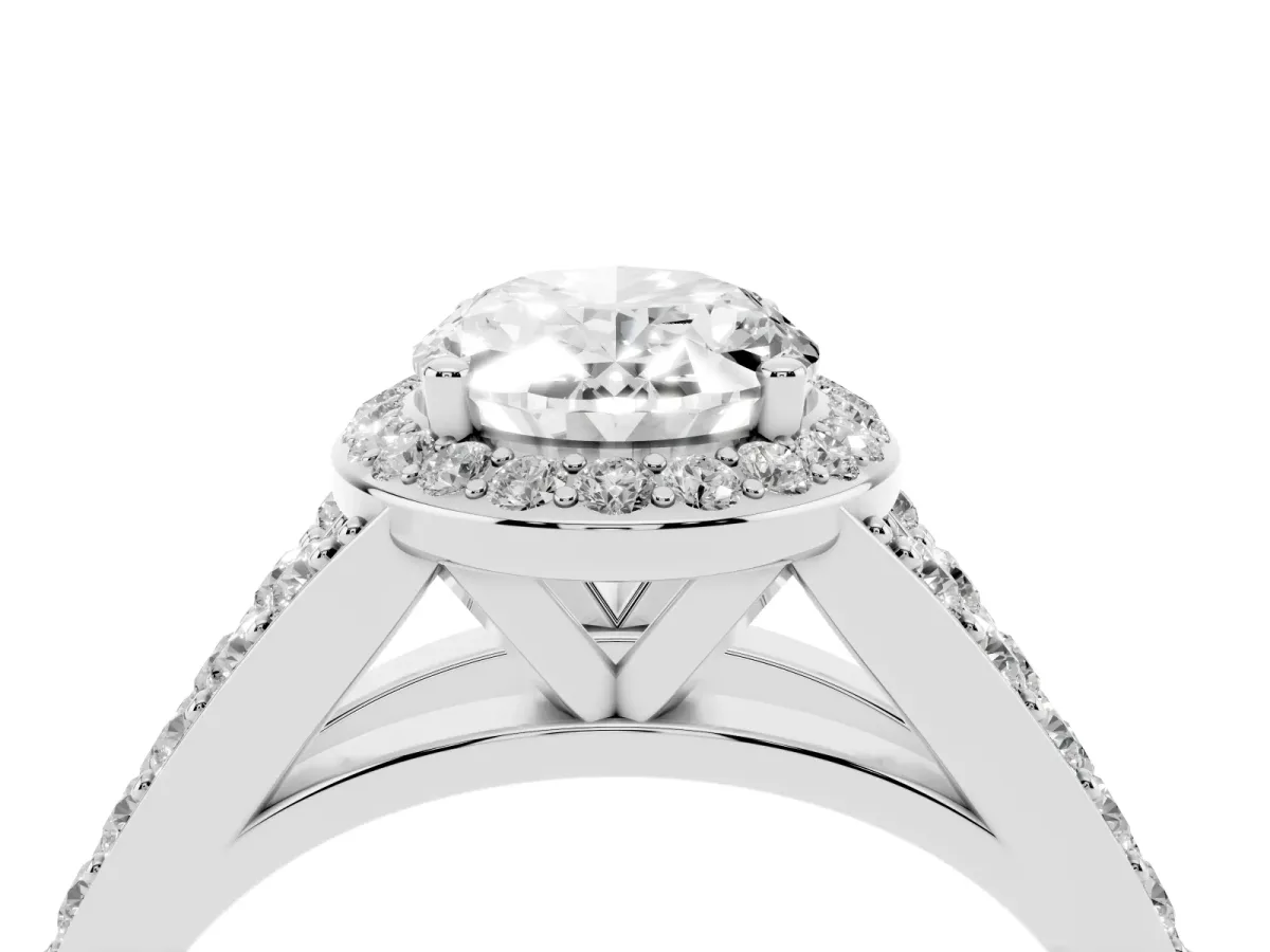 Oval Cut Diamond Split Shank Halo Ring with Four-Prong Setting White gold