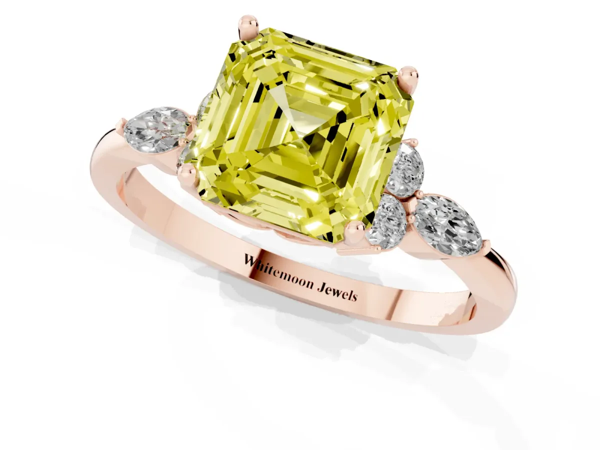 Fancy Yellow Asscher Cut Brilliant Diamond Solitaire Ring with Pear Side Stones and Four-Prong Setting Rose gold