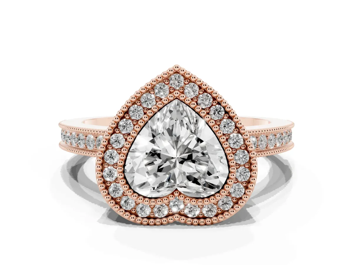Heart Cut Cut Halo Diamond Ring with Pavé Band and Milgrain Prong Setting Rose gold