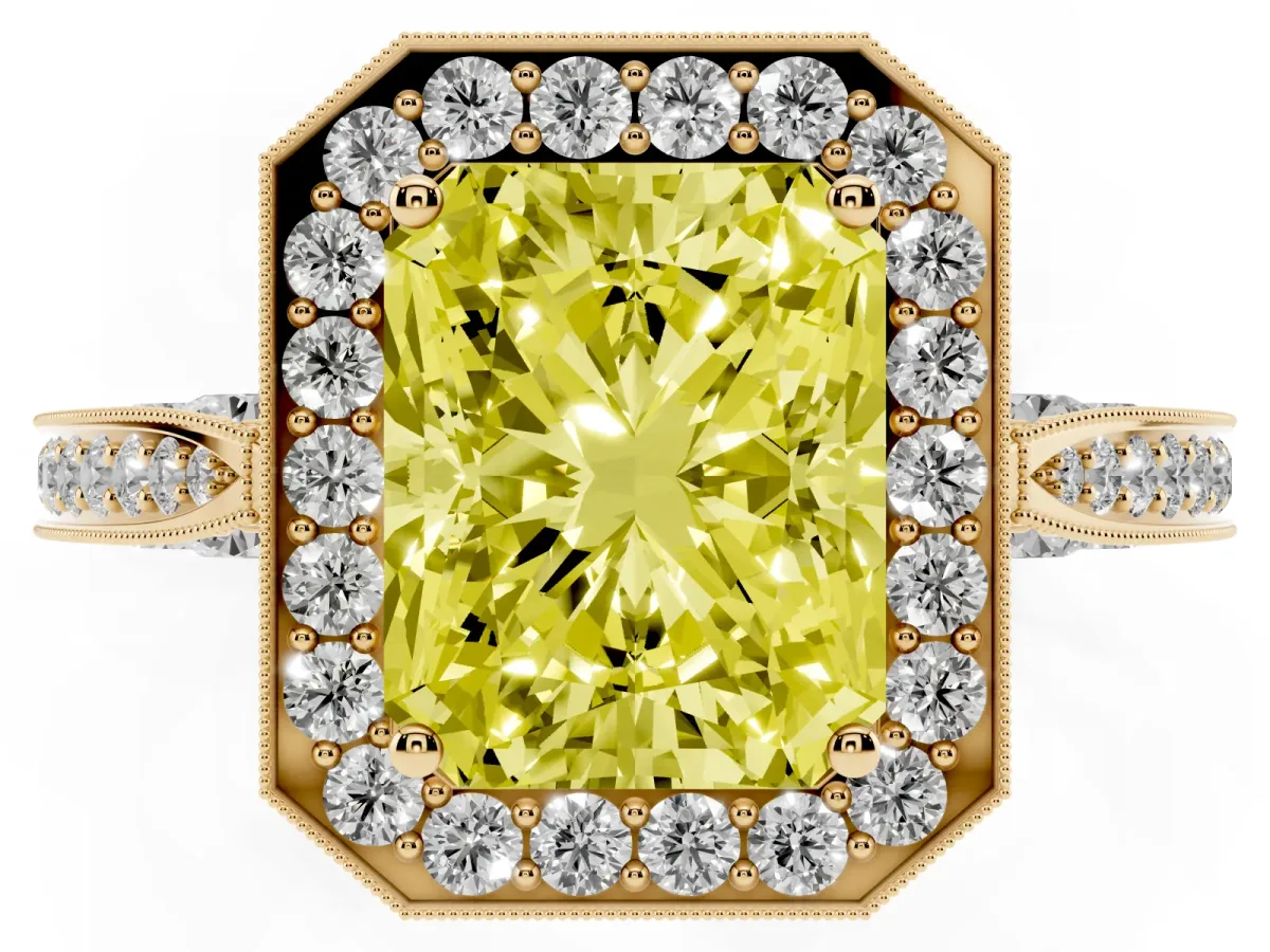 Fancy Yellow Radiant Cut Halo Diamond Engagement Ring with Split Shank Band and Four-Prong Setting Yellow gold