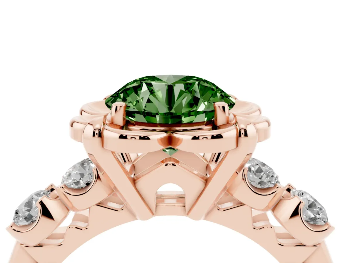 Fancy Green Round Cut Cut Diamond Floral Halo Engagement Ring with Shared Prong Setting Rose gold