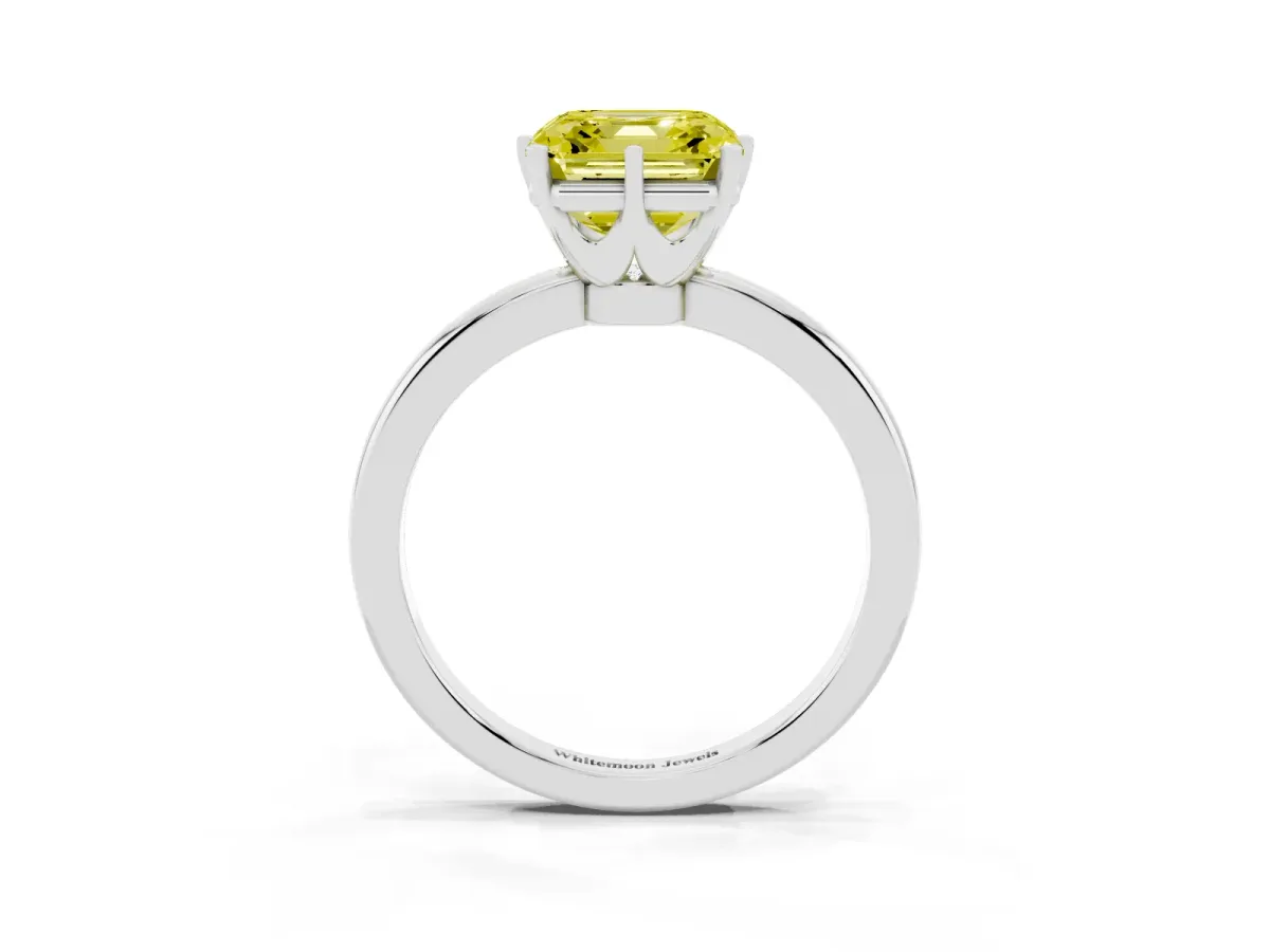 Fancy Yellow Asscher Cut Solitaire Diamond Ring with Six-Prong Setting on a Classic Band Silver