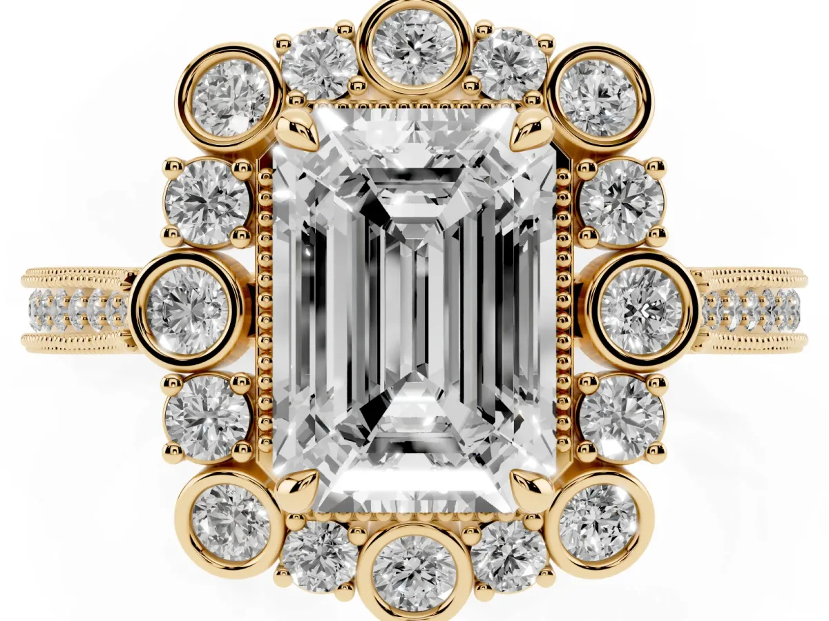 Emerald Cut Halo Milgrain Pave Diamond Ring with Four-Prong Setting Yellow gold