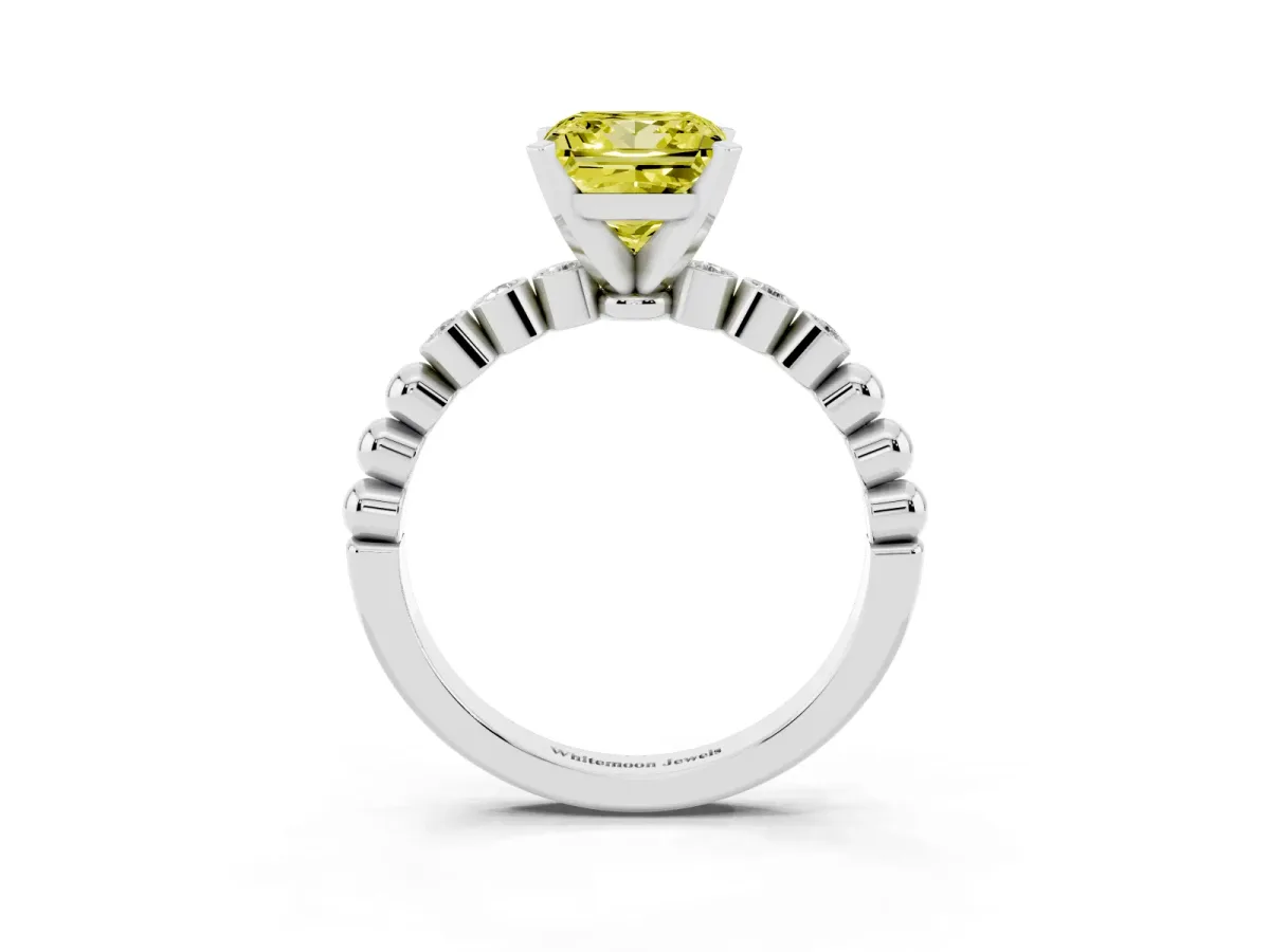 Fancy Yellow Princess Cut Solitaire Bezel Accent Diamond Engagement Ring with Beaded Band and Four-Prong Setting Silver