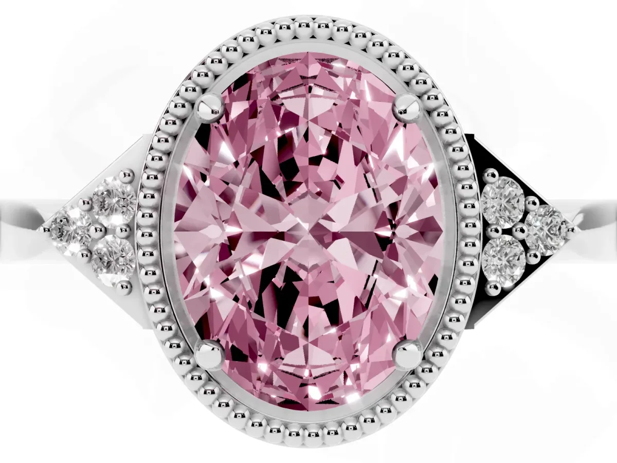 Fancy Pink Oval Cut Diamond Halo Ring with Tapered Band and Four-Prong Setting White gold
