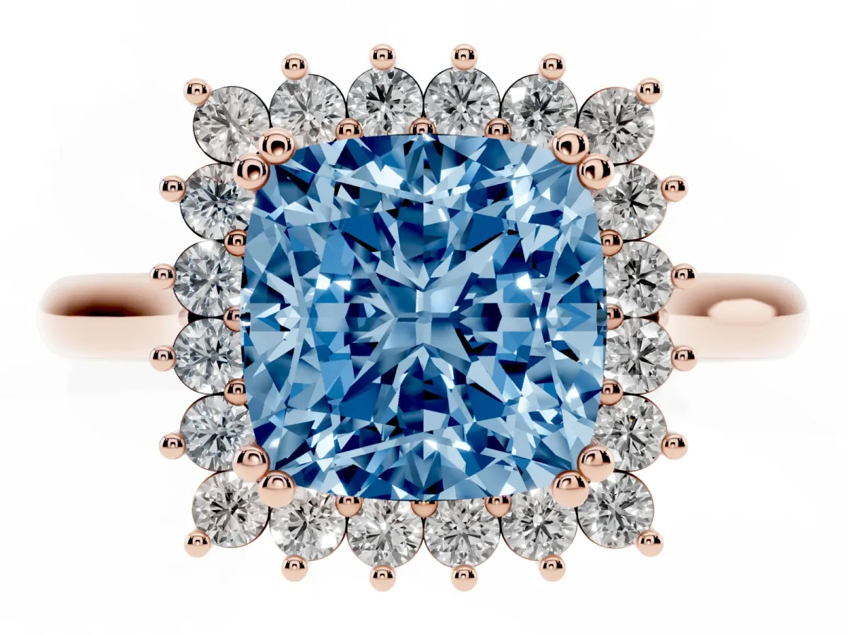 Fancy Blue Cushion Cut Cut Diamond Halo Ring with Solitaire Band and Prong Setting Rose gold
