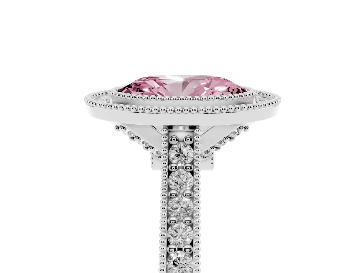 Fancy Pink Halo Oval Cut-Cut Diamond Pave Band Milgrain Prong Setting Ring Silver