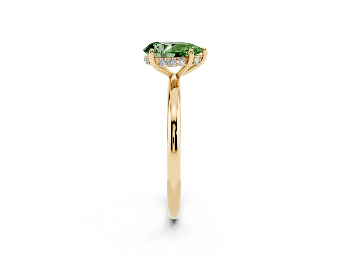 Fancy Green Pear Cut Solitaire Diamond Ring with a Classic Band and Four-Prong Setting Yellow gold