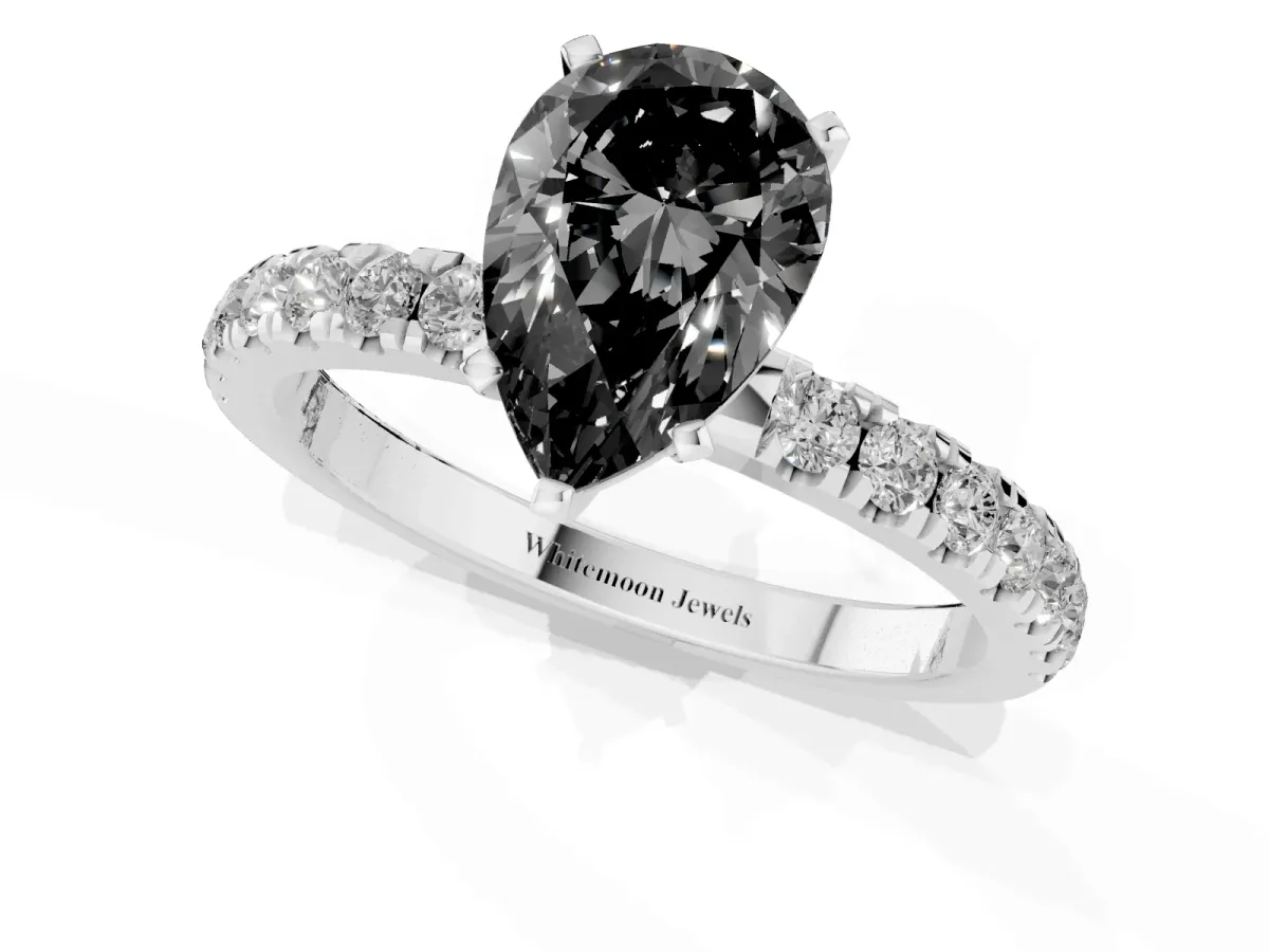 Fancy Black Pear Cut Diamond Solitaire Ring with Pavé Accents and Four-Prong Setting Platinum