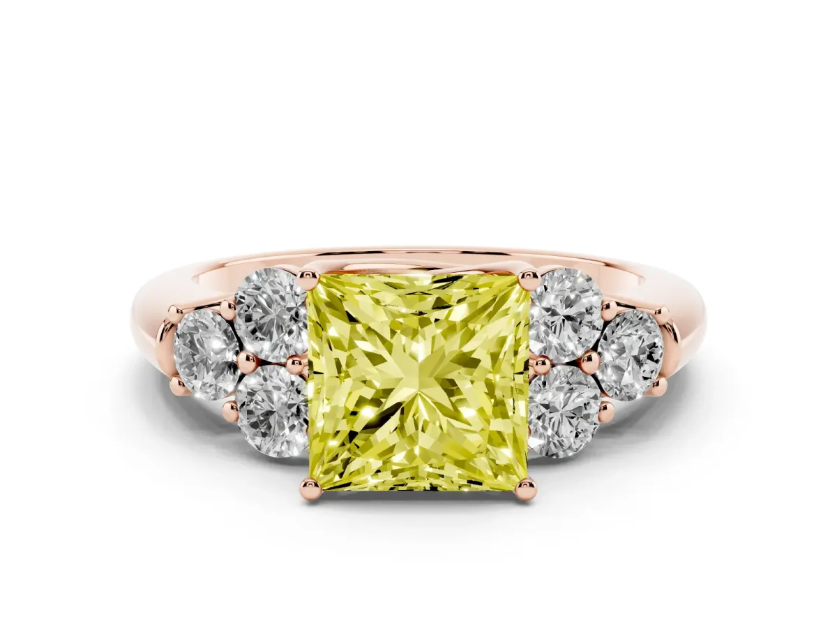 Fancy Yellow Princess Cut Cut Diamond Cluster Ring with Round Accent Stones and Prong Setting on a Classic Band Rose gold