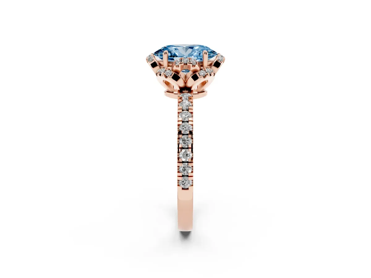 Fancy Blue Oval Cut Diamond Halo Pave Band with Four-Prong Setting Rose gold