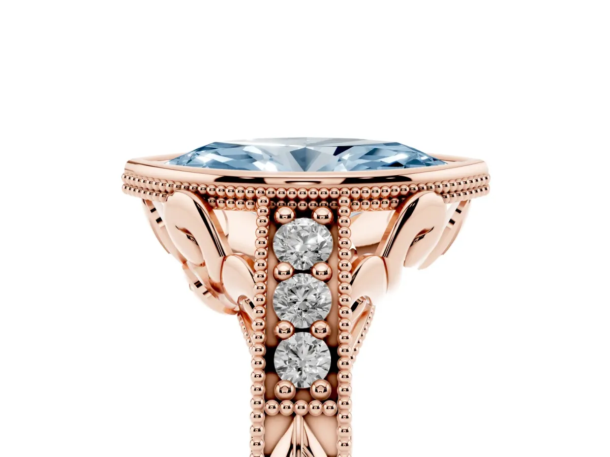 Fancy Blue Bezel Set Marquise Cut Diamond Milgrain Pave Engagement Ring Rose gold