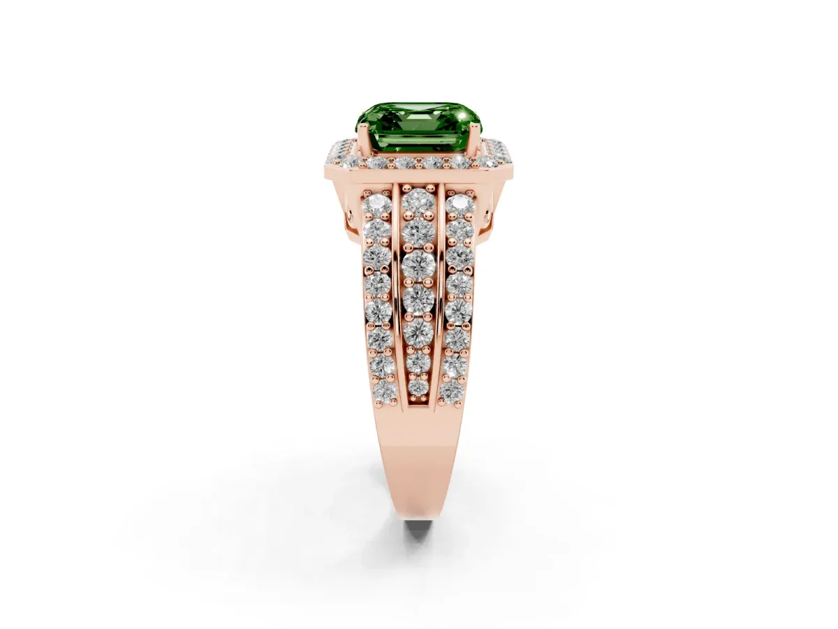 Fancy Green Asscher Cut Halo Diamond Ring with Round Split Shank and Prong Setting Rose gold