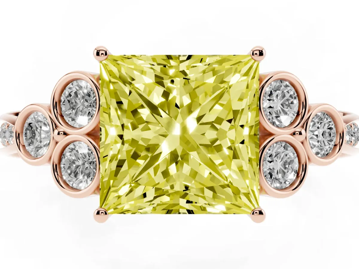 Fancy Yellow Princess Cut Cut Diamond Engagement Ring with Bezel Set Round Side Stones and Prong Setting Rose gold