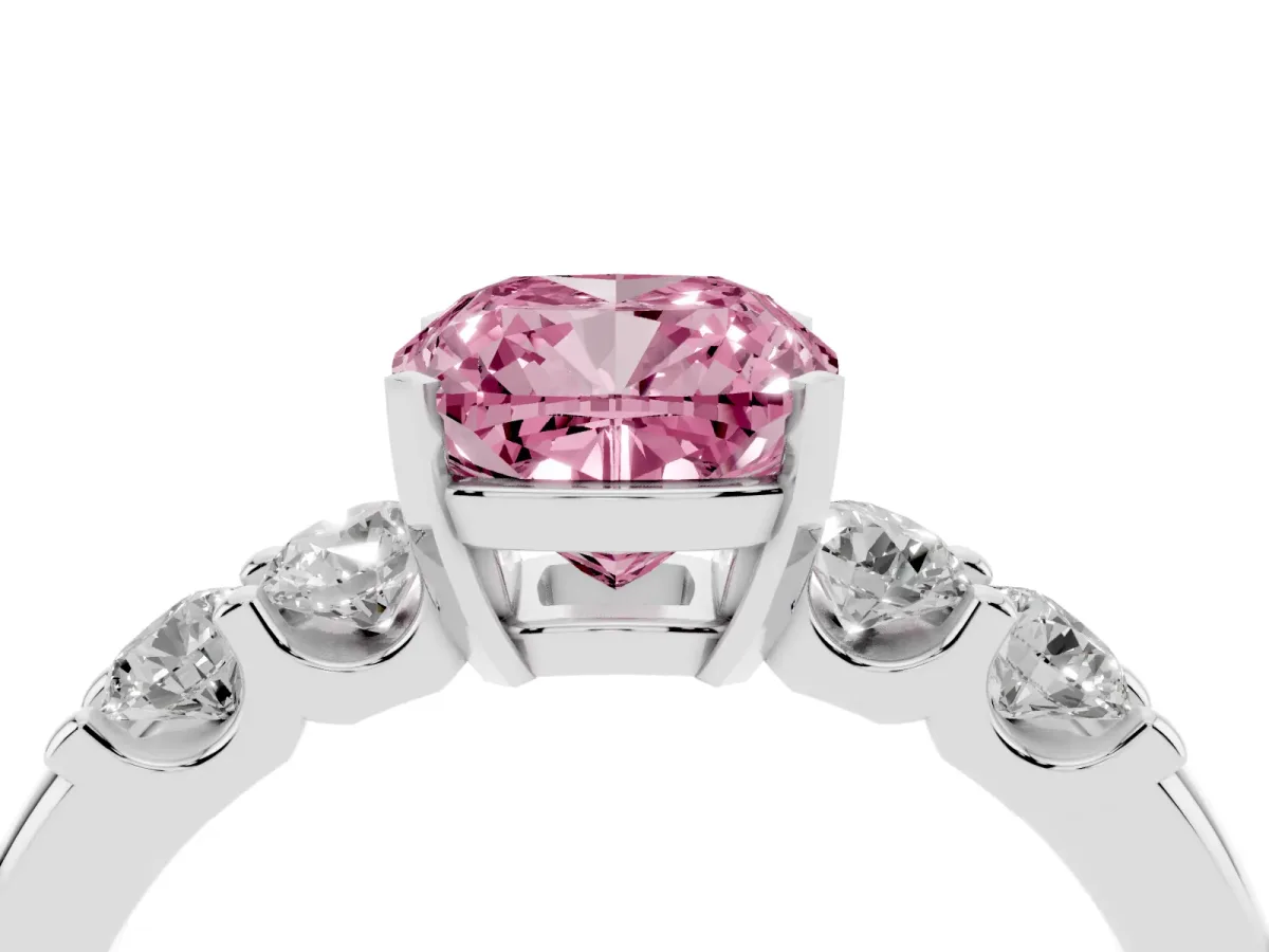 Fancy Pink Cushion Cut Brilliant Cut Diamond Five-Stone Prong Set Engagement Ring with Channel Band White gold