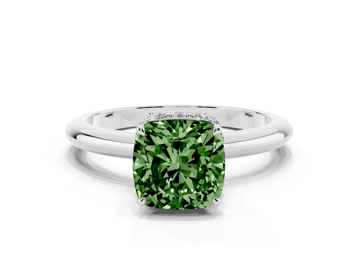 Fancy Green Cushion Cut Brilliant Solitaire Engagement Ring with Six-Prong Setting and Classic Band Silver
