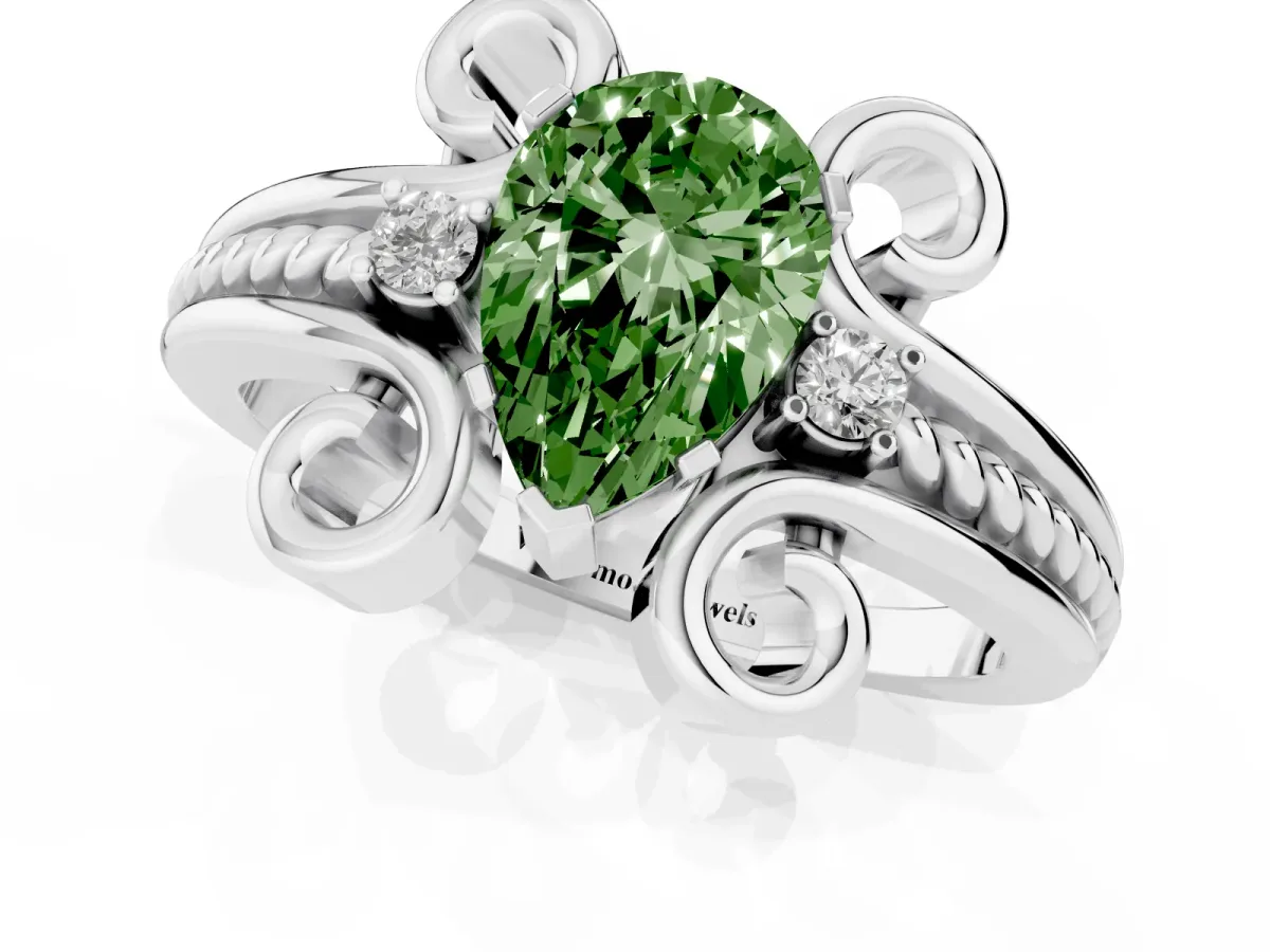 Fancy Green Pear Cut Solitaire Twisted Band Scroll Prong Ring Silver