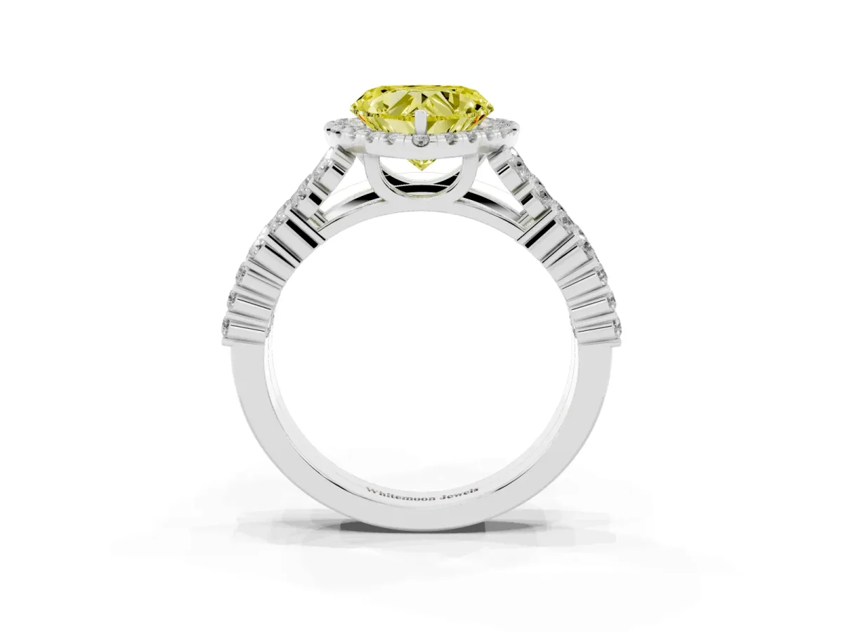 Fancy Yellow Heart Cut Diamond Halo Engagement Ring with Triple Row Round Pavé Band and Prong Setting Platinum