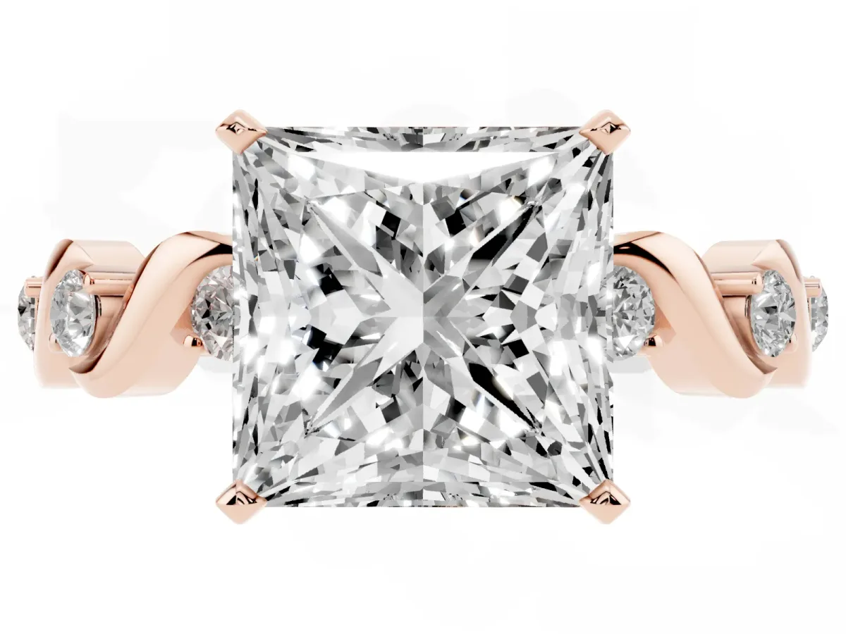 Princess Cut Diamond Solitaire Twisted Band with Round Accents and Prong Setting Rose gold