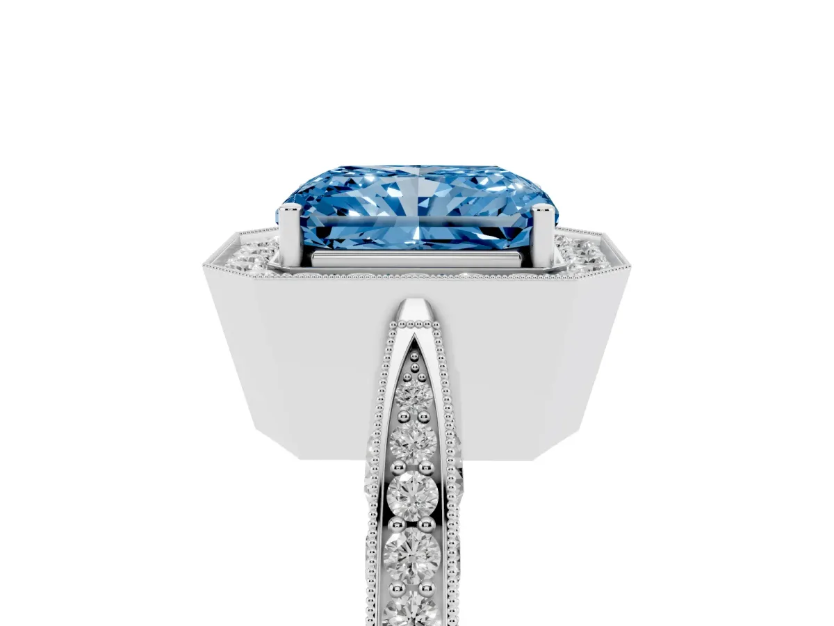 Fancy Blue Radiant Cut Halo Diamond Engagement Ring with Split Shank Band and Four-Prong Setting Silver