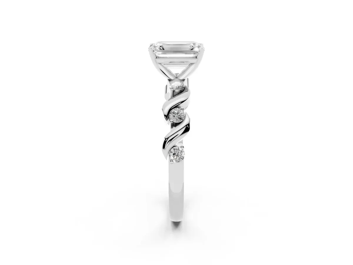Emerald Cut Diamond Solitaire Twisted Band with Round Accents and Prong Setting Silver