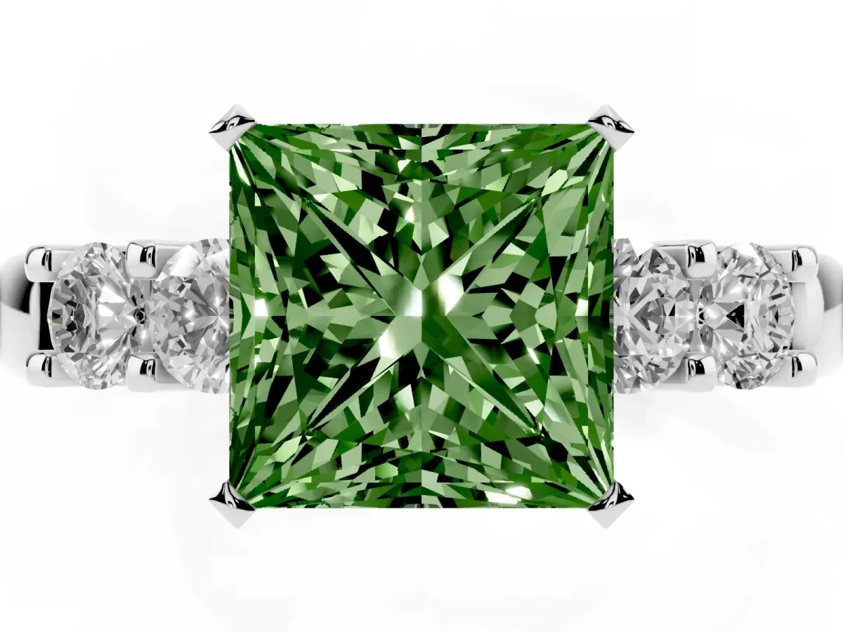 Fancy Green Princess Cut Brilliant Cut Diamond Five-Stone Prong Set Engagement Ring with Channel Band White gold