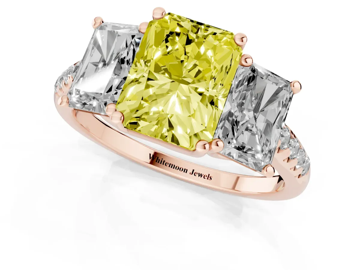 Fancy Yellow Three-Stone Radiant Cut Diamond Ring with Round Pavé Band and Prong Setting Rose gold