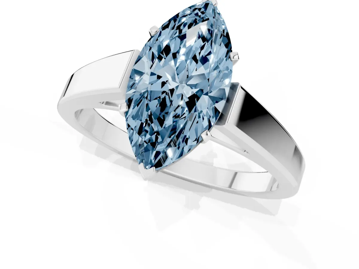 Fancy Blue Marquise Cut Solitaire Engagement Ring with Four-Prong Setting and Tapered Band Platinum