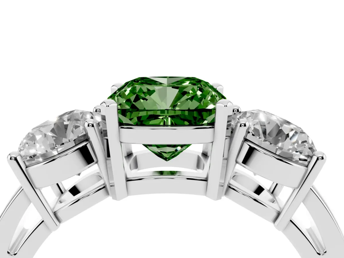 Fancy Green Three-Stone Cushion Cut Diamond Ring with Round Side Stones, Classic Band, and Four-Prong Setting Silver