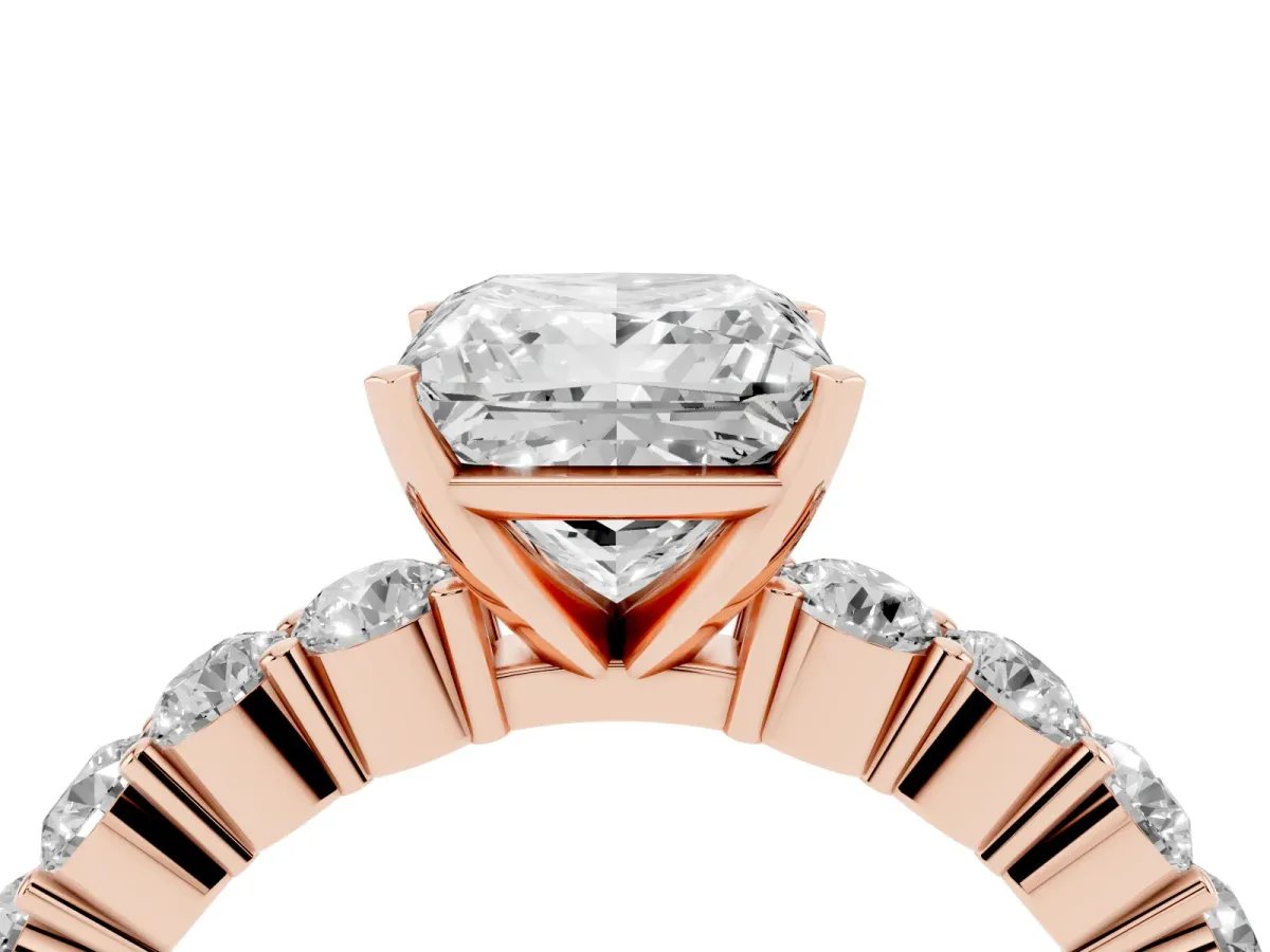 Princess Cut Diamond Solitaire Ring with Shared Prong Round Side Stones Rose gold