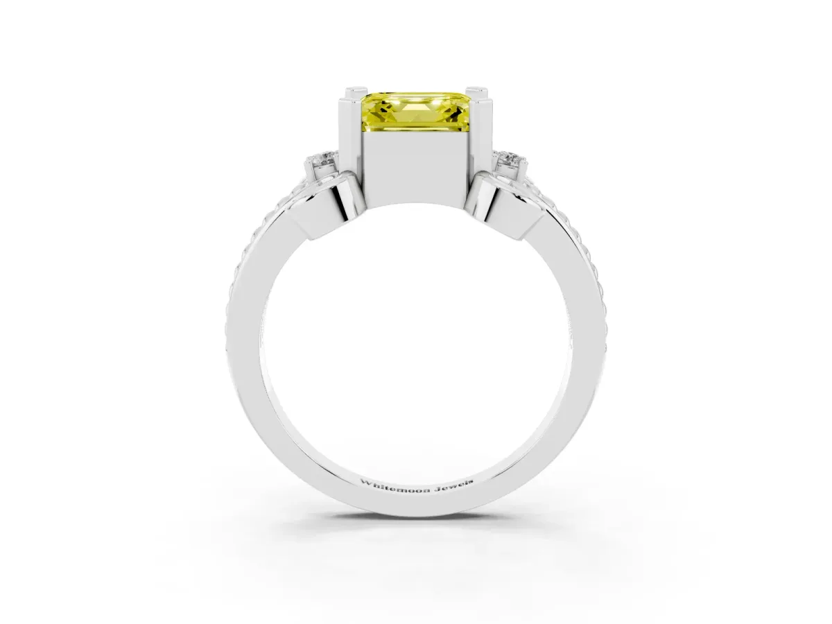 Fancy Yellow Asscher Cut Solitaire Twisted Band Scroll Prong Ring Platinum