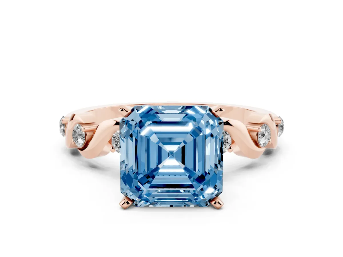 Fancy Blue Asscher Cut Diamond Solitaire Twisted Band with Round Accents and Prong Setting Rose gold