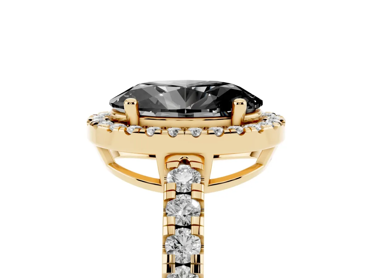 Fancy Black Oval Cut Diamond Halo Ring with Pavé Band and Four-Prong Setting Yellow gold