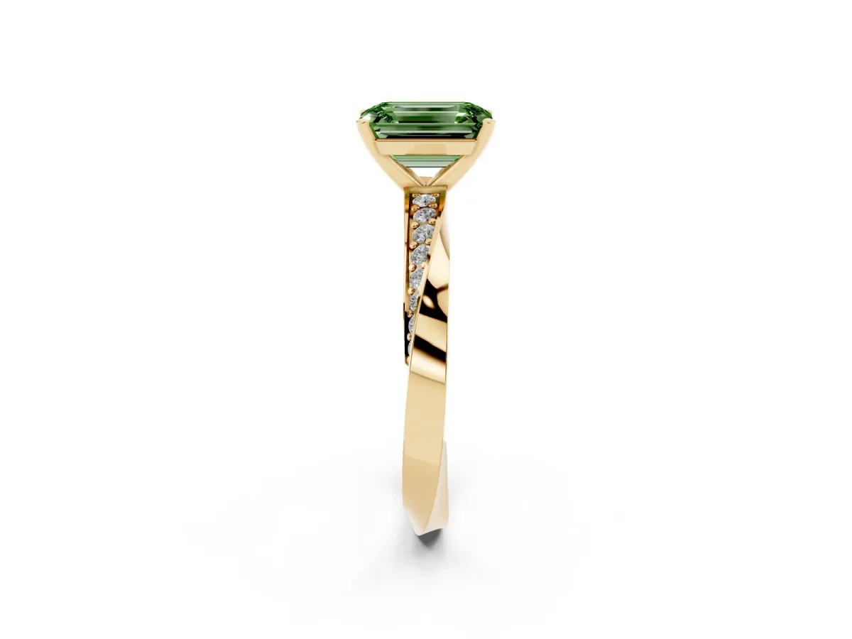 Fancy Green Emerald Cut Diamond Engagement Ring with Side Stone Accents and Four-Prong Setting Yellow gold