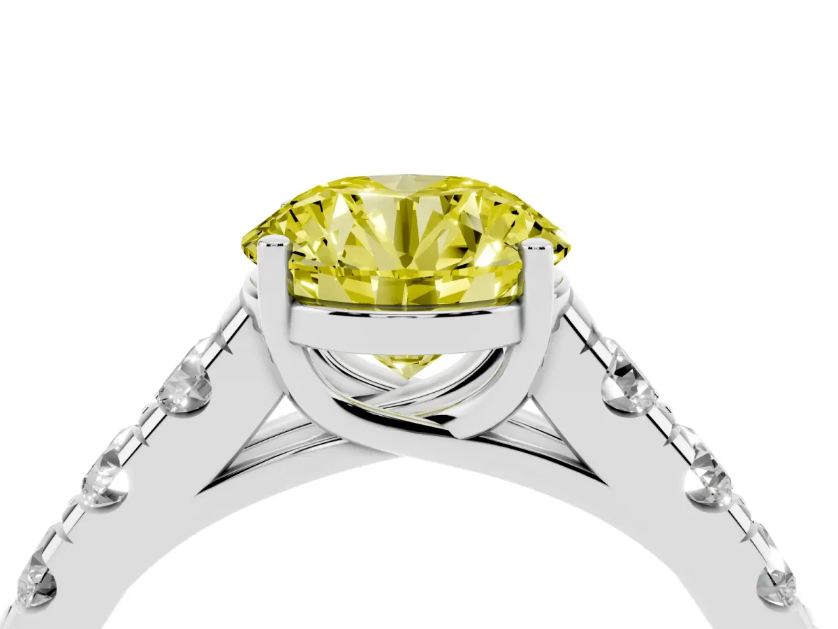 Fancy Yellow Round Cut Cut Diamond Solitaire Ring with Micro Pave Band and Prong Setting Platinum