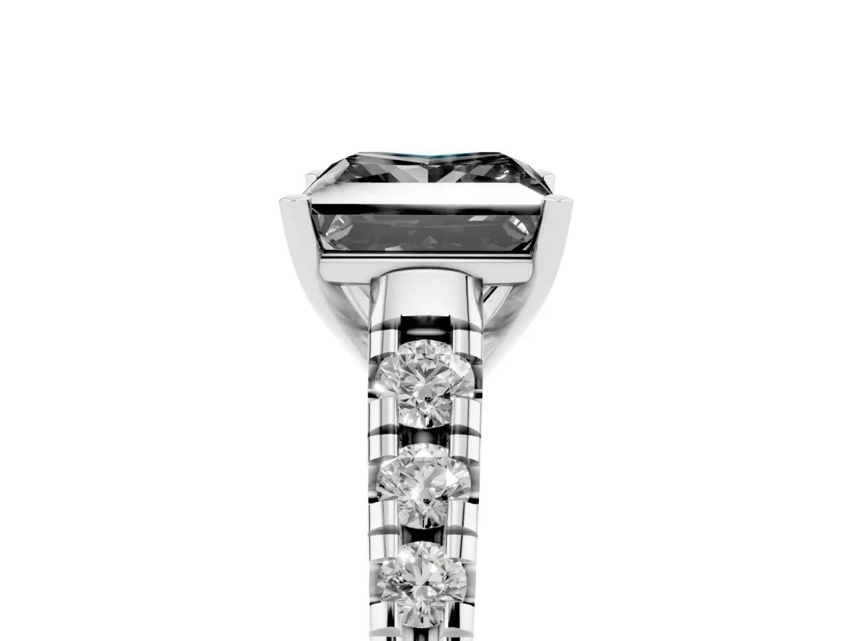 Fancy Black Princess Cut Diamond Cathedral Solitaire Ring with Round Pavé Band Silver