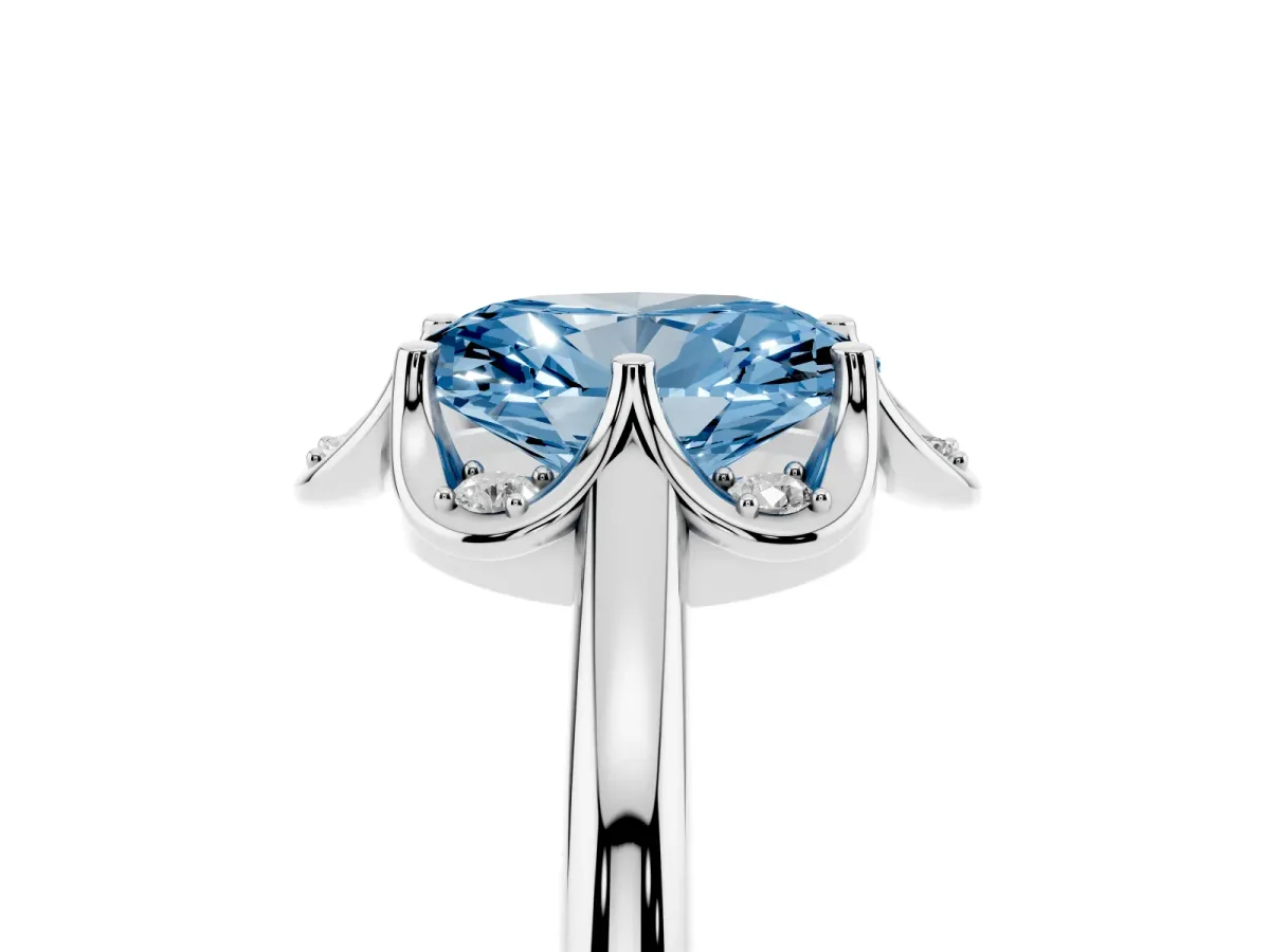 Fancy Blue Oval Cut Halo Diamond Ring with Round Cluster Setting, Solitaire Band, and Four-Prong Setting Silver