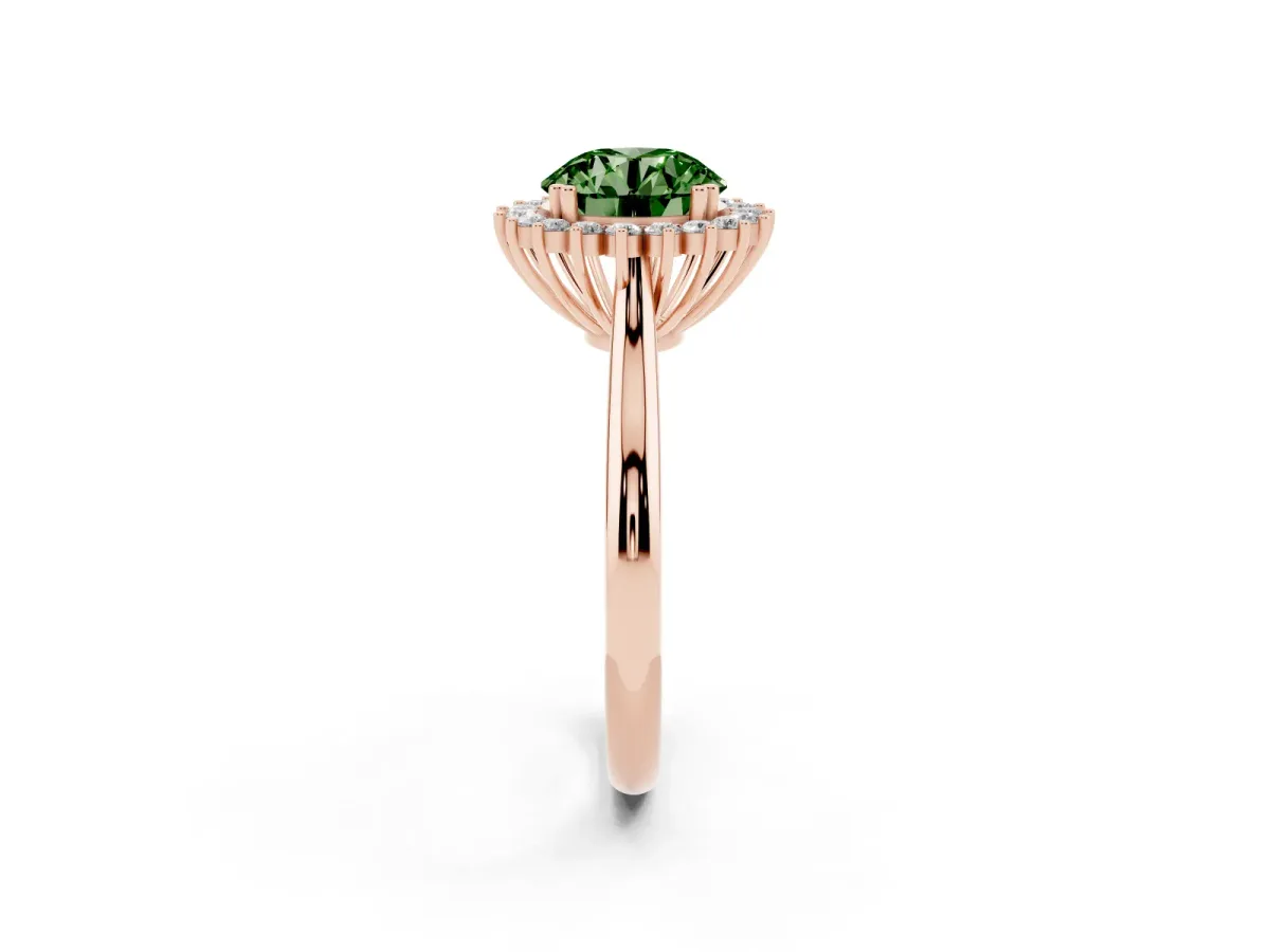 Fancy Green Round Cut Cut Diamond Halo Ring with Solitaire Band and Prong Setting Rose gold
